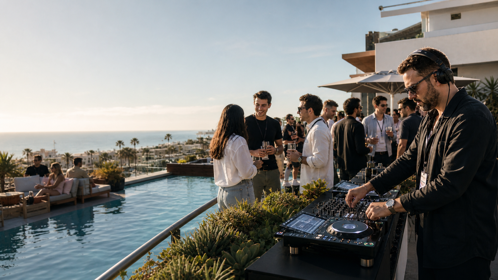 DJ performing at a rooftop poolside event at sunset