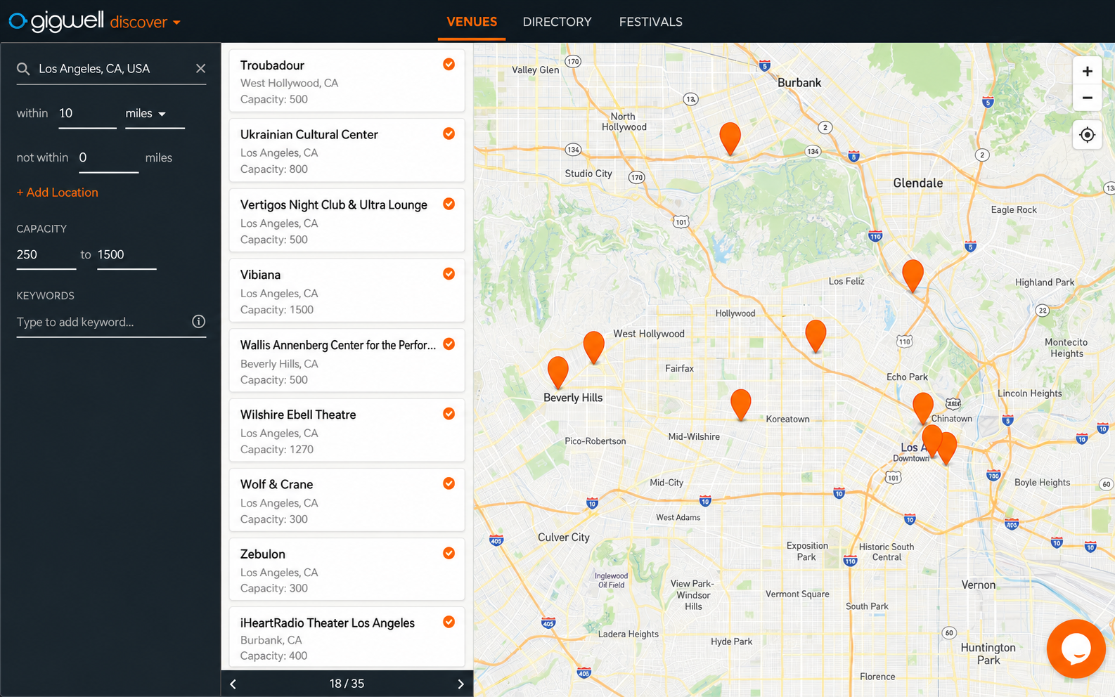 Gigwell Discover venue search interface showing a map of Los Angeles with venue pins and a curated list of rooms