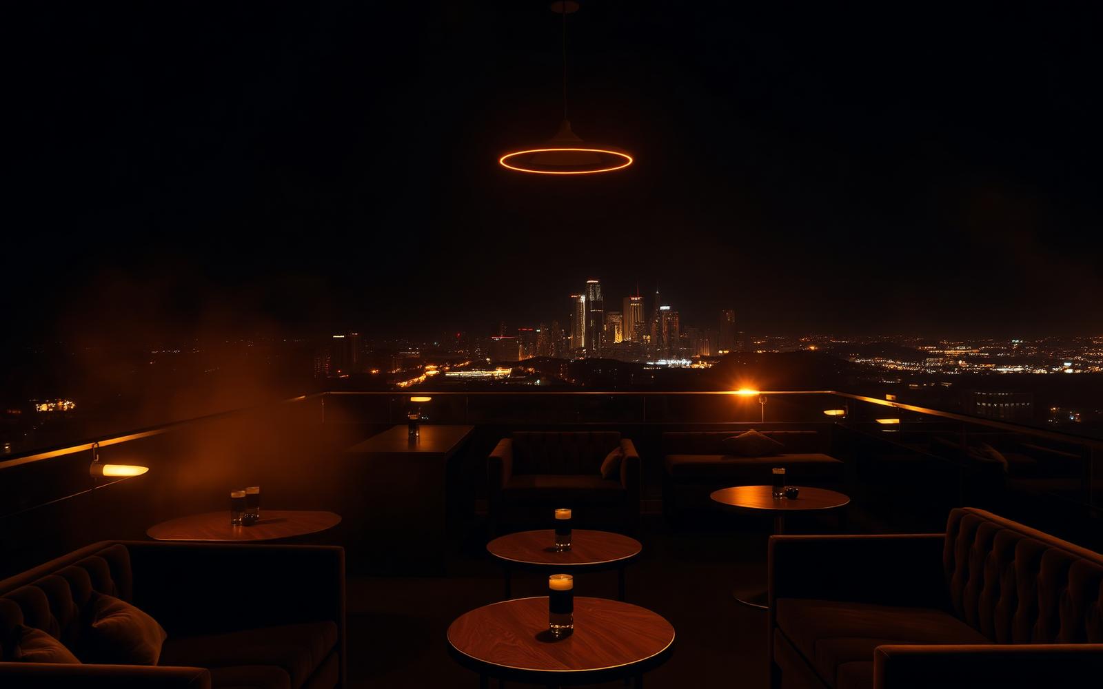 Dark rooftop lounge at night